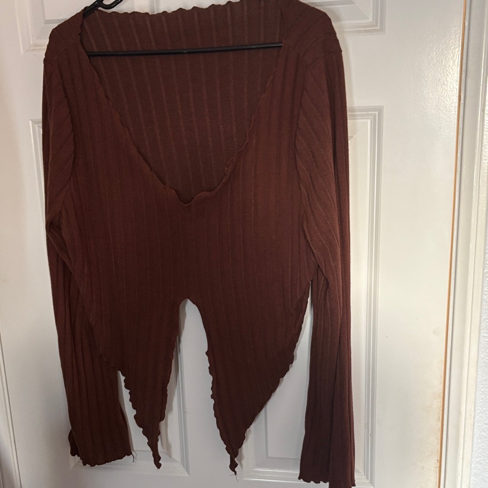 Brown Ribbed Long Sleeve Top - Picture 2 of 3